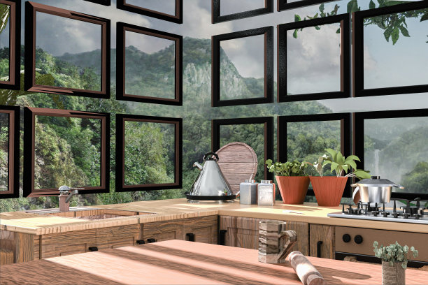 有机质朴的厨房内部，各种器具，与丛林和阳光的看法。图片下载