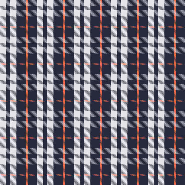 无缝格纹和格子图案，深蓝色，白色和橙色的纺织品设计。图片下载