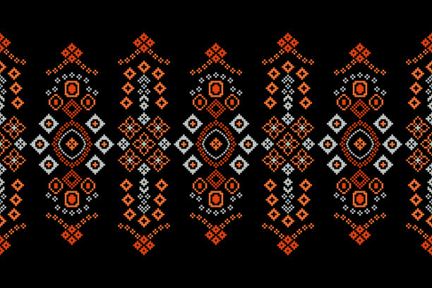 民族几何织物图案十字绣。伊卡特刺绣民族东方像素图案黑色背景。图片下载