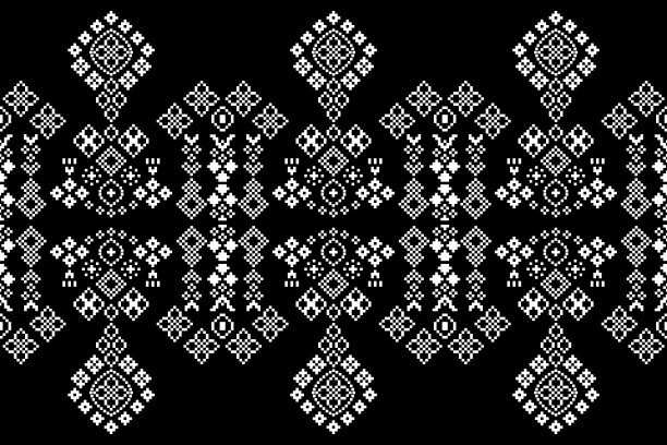 民族几何织物图案十字绣。伊卡特刺绣民族东方像素图案黑色背景。图片下载
