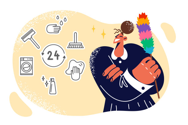 女佣拿着掸子微笑，宣传全天候酒店客房清洁图片下载