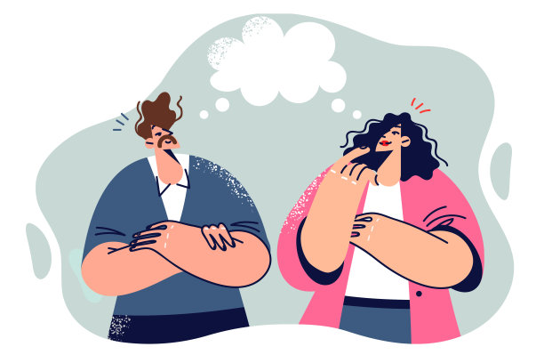 对话的男人和女人站在演讲泡附近，讨论最新的新闻或工作项目图片下载