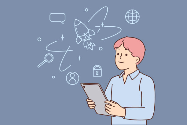 小男孩梦想乘坐火箭进入太空，手里拿着电子平板电脑图片下载