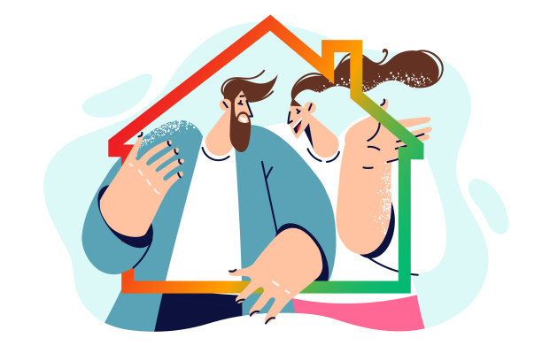 男人和女人在高级住宅区按揭买房，共同支撑小屋轮廓图片下载