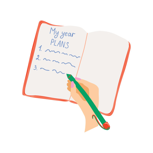 用钢笔的手在笔记本上写计划。女人在笔记本上做笔记或填写计划表。手绘平面矢量插图隔离在白色。图片下载