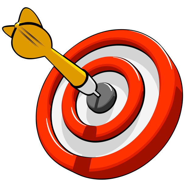 黄色飞镖击中目标中心，四分之三视野。商业目标的概念，成功的商业战略或营销。简单的3D矢量插图在白色背景图片下载