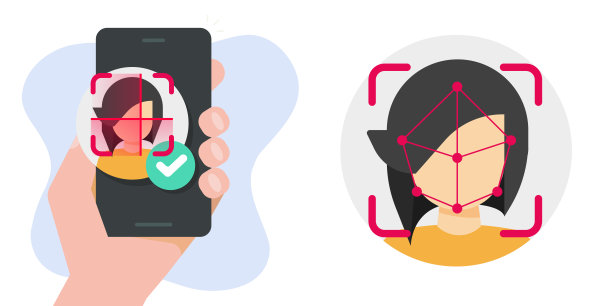 人脸生物识别身份扫描图标矢量和手机人的人脸识别身份安全技术授权访问说明，身份扫描仪上的手机智能手机图像图片下载