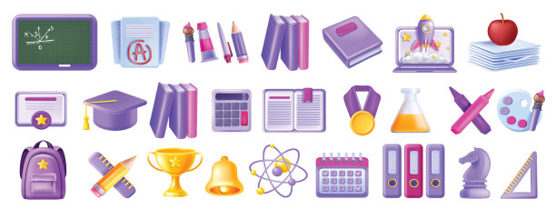 3D回到学校图标集，教育毕业生矢量对象工具包，学生背包学习书。图片下载