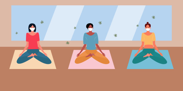 一群多种族蒙面妇女在健身房训练。矢量插图。图片下载