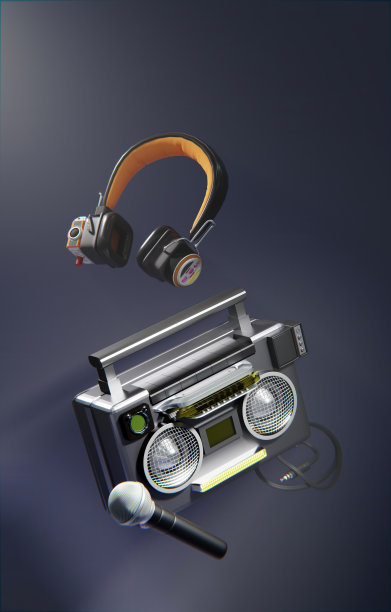 微距聚焦立体声音箱在80年代风格与耳机和麦克风漂浮在雾蒙蒙的背景从3D渲染设计。图片下载