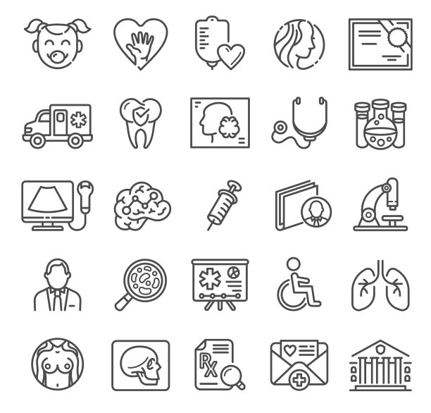 带有诊断、牙科、病毒和救护车符号的医疗保健线图标图片下载