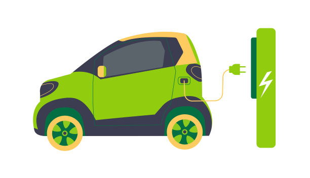 现代电动智能SUV。一辆绿色电动汽车在充电站充电的平面矢量插图。电动汽车的电子运动概念。孤立平面矢量图图片下载