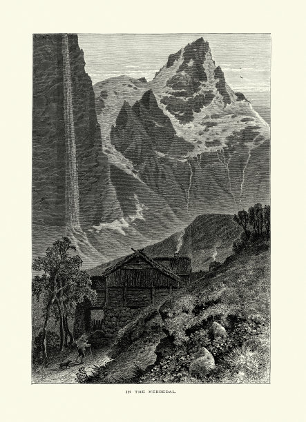 山地，小木屋，人和狗，内比达尔，挪威，19世纪图片下载