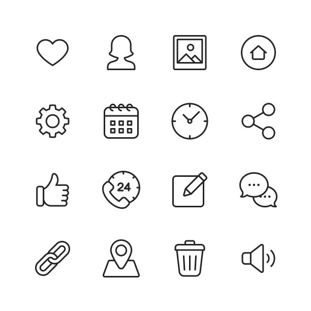 主页图标。可编辑的中风。像素完美。移动和网络。包含如联系人，网页，电话，头像，地球，家，电子邮件，消息，语音气泡，短信，设置，挂锁，搜索，云计算，日历，时钟等图标。图片下载