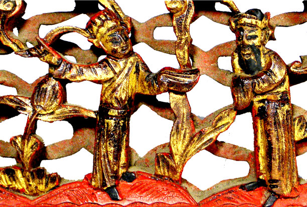 16世纪中国清代传统木雕窗棂，古金矿物漆。图案接近白色背景图片下载