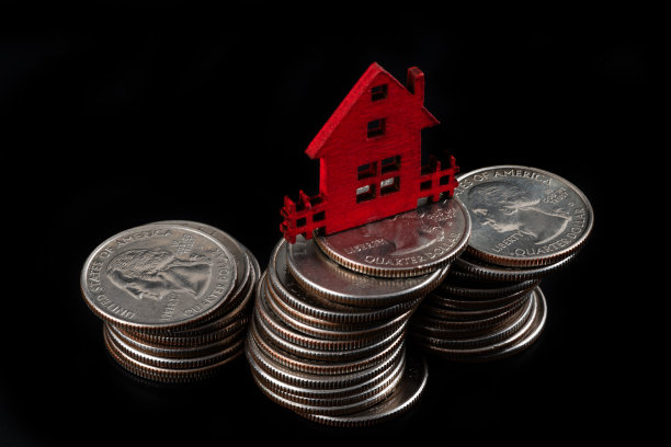 微型象征性的红房子和25美分面额的硬币在黑色背景上图片下载