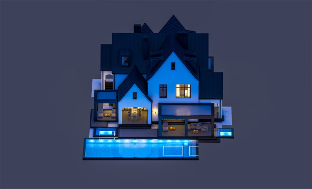 三维渲染的白色和黑色的现代都铎王朝的房子在夜间孤立的黑色图片下载