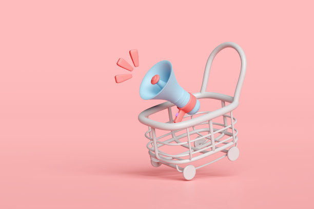 3d购物车或篮子与扩音器，手扬声器隔离在粉红色的背景。在线营销购物，推广新闻，社交媒体网络概念，3d渲染插图图片下载