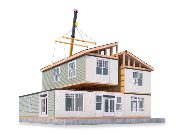 在白色背景上组装一个模块化的房子。三维演示图片下载