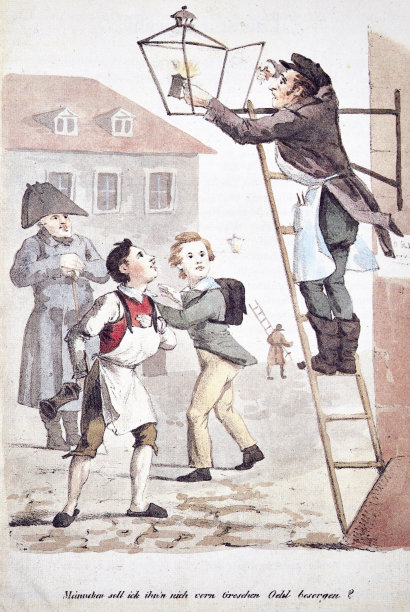 拿着梯子的点灯人在街上工作图片下载