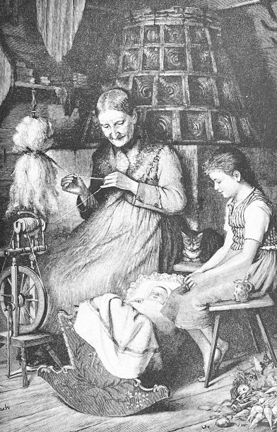 奶奶在火炉边编织，照顾摇篮里的婴儿，女孩坐在旁边图片下载