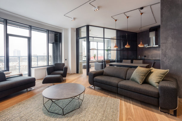 平面工作室的阁楼内部设有玻璃隔断和全景窗图片下载