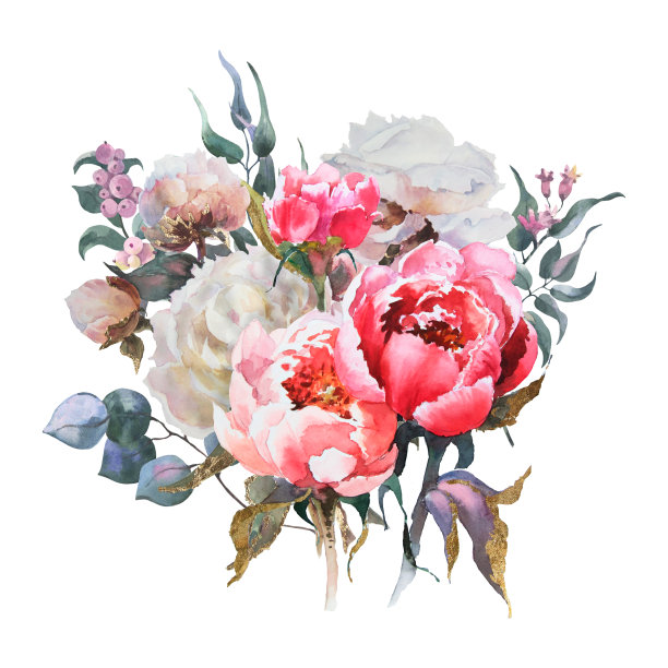 水彩花卉插图孤立的白色背景。粉红色的牡丹，绿色的叶子，桉树的树枝。花束完美的印刷设计上的邀请，卡片图片下载