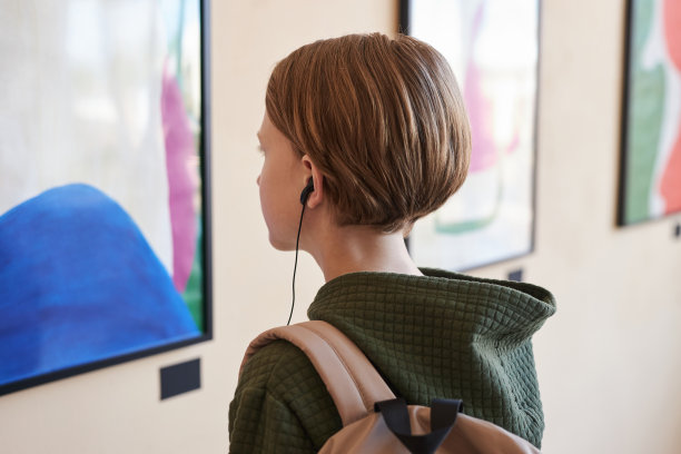 后视图一个十几岁的男孩在美术馆里看画图片下载