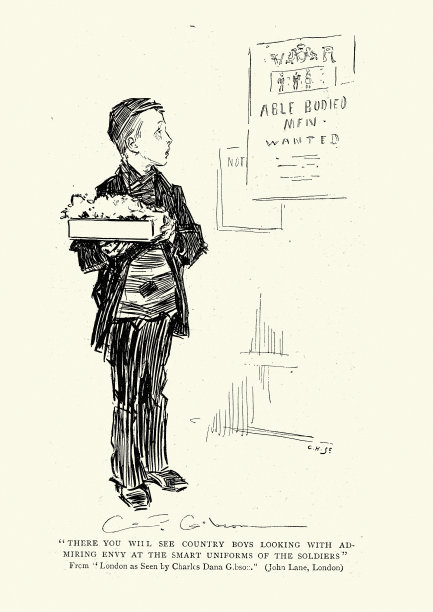 19世纪，英国，19世纪90年代，一个小男孩在看征兵海报图片下载