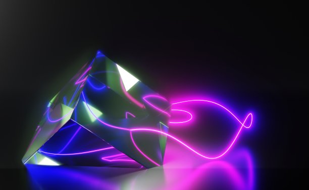 未来的玻璃立方体在霓虹灯3d渲染。清晰的方形盒子，黑色背景上的发光波线。抽象的水晶雕塑，具有折射光线效果的图形艺术对象图片下载