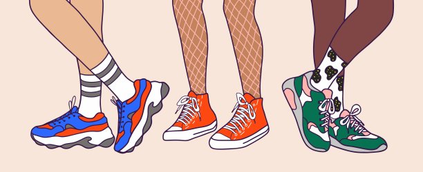 穿着运动鞋和运动鞋的女人的脚。风格,街头时尚,。手绘卡通。销售模板，海报，海报，明信片。矢量插图。图片下载
