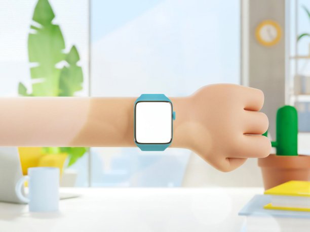 3 d演示。在他办公室的桌子上有一只戴着智能手表的卡通手。卡通装置模型。图片下载