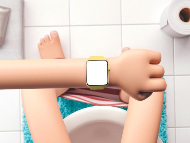 3 d演示。带着智能手表的卡通手掉进了马桶里。卡通装置在浴室内部的模型。图片下载