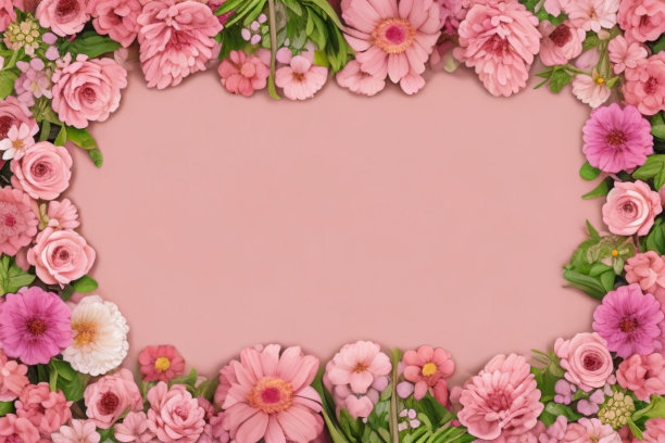 粉红色的背景图像被五颜六色的花朵包围图片下载