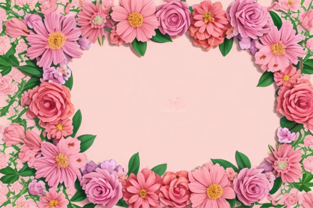 粉红色的背景图像被五颜六色的花朵包围图片下载