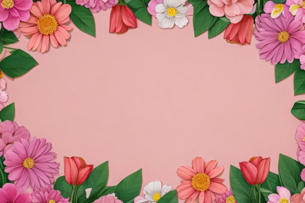 粉红色的背景图像被五颜六色的花朵包围图片下载