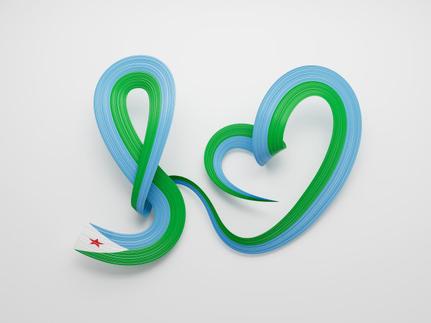 3d吉布提心形闪亮波浪意识彩带旗帜白色背景3d插图图片下载