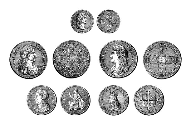 硬币查理二世(1660-1685)国王的英格兰和苏格兰-复古雕刻插图孤立的白色背景图片下载