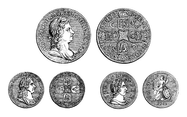 大不列颠-大不列颠和爱尔兰国王乔治一世(1714-1727)的王冠、先令和半便士硬币，白色背景上的经典雕刻插图图片下载