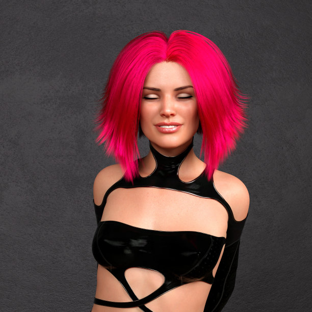 一个漂亮的女士在工作室里穿着乳胶套装，脸上带着快乐的表情。图片下载