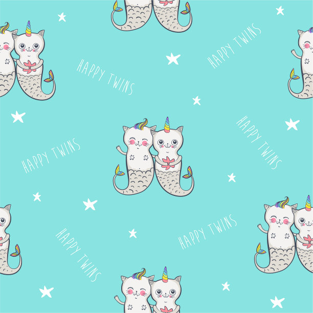 猫美人鱼无缝图案快乐双胞胎图片下载