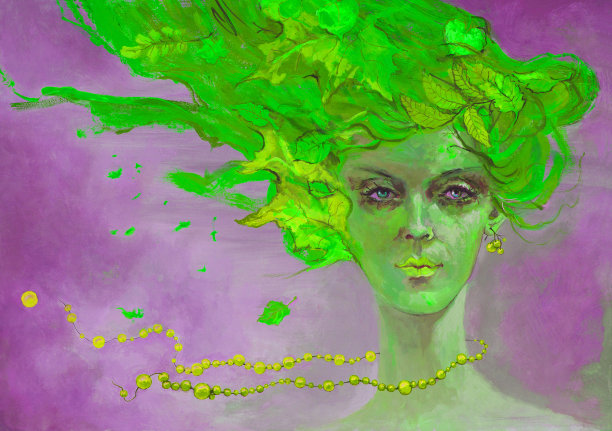 插图油画肖像，一个女孩的发型与树叶和成熟的浆果珠对着天空图片下载