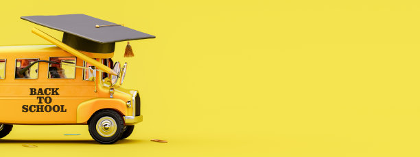 带有毕业帽和眼镜的校车，鲜艳的黄色背景和复制空间。回到学校的概念。图片下载