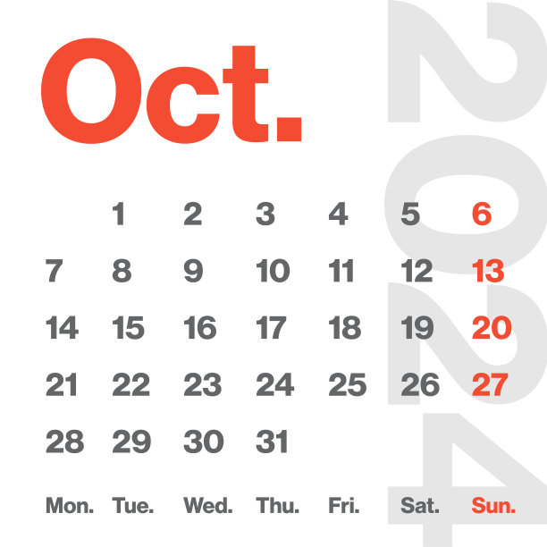 2024年10月-月历。极简风格的方形日历。向量模板。这一周从星期一开始图片下载