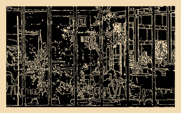 餐厅玻璃门，抽象艺术木刻商业场景背景图片下载