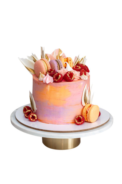 粉红色的蛋糕装饰着新鲜的覆盆子、巧克力花瓣、杏仁饼和蛋白霜，在白色的背景上分开图片下载