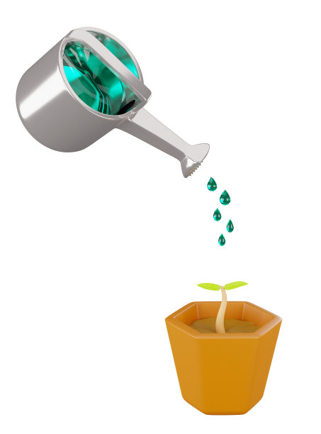 带有树木生长盆栽的喷壶的3D渲染图图片下载