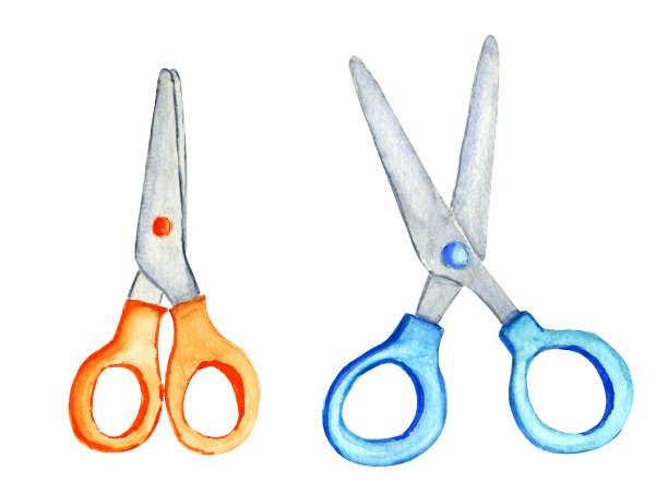 剪刀上学用。水彩手绘插图。孤立在白色背景上。图片下载