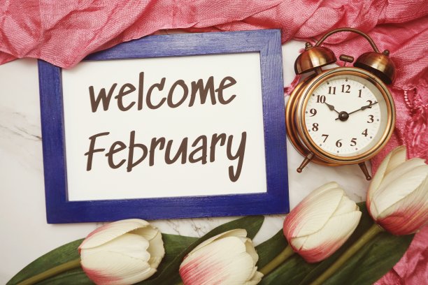 欢迎二月写在蓝色框架与郁金香花平躺在大理石背景图片下载