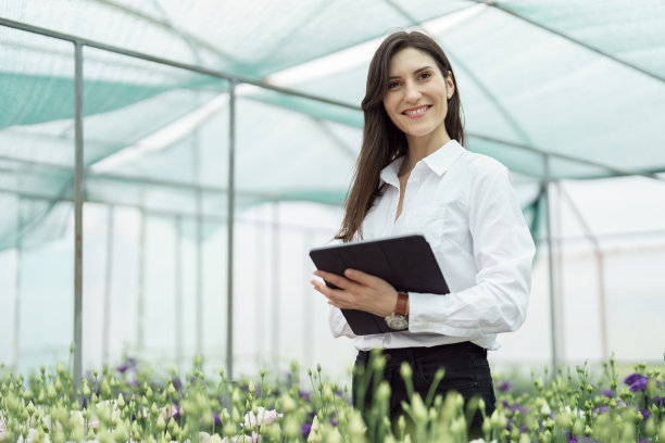 鲜花送上门，女人在平板上点餐。图片下载